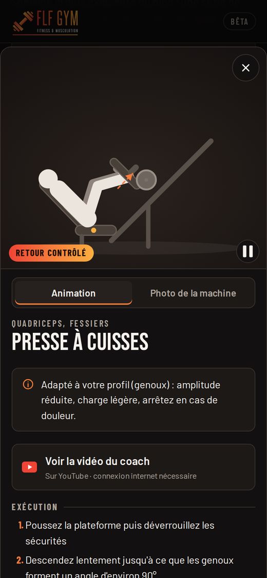 Écran de l'appli FLF Gym : animation de la presse à cuisses
